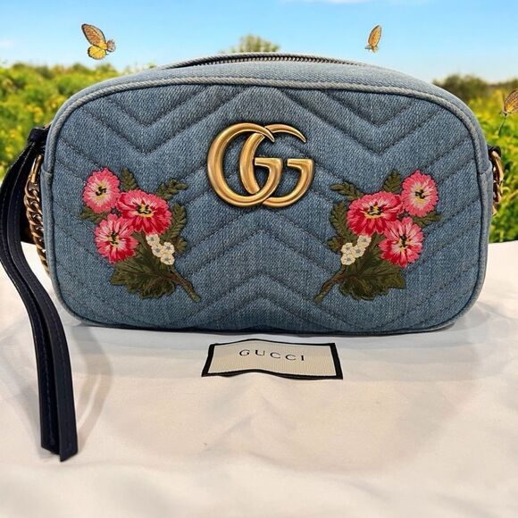 GUCCI 
Denim Matelasse Embroidered Small GG Marmont Chain Shoulder Bag Blue - Picture 1 of 12